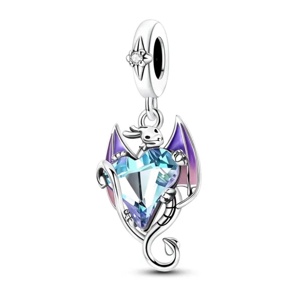 Silver and Purple Dragon Hugging Heart Charm Pendant - Picture 5 of 7